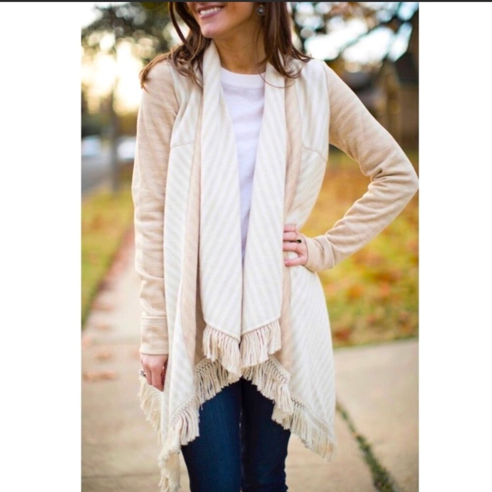 Anthropologie tan/cream striped cardigan w/ fringes